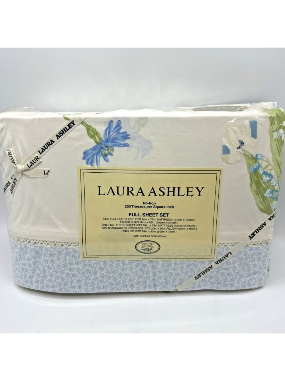 Vintage Laura Ashley Full Sheet Set Cornflower Striped Blue Floral Pillowcases